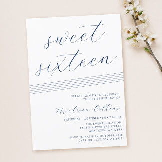 Minimalistisch Lines Navy Blue White Sweet 16 Einladung
