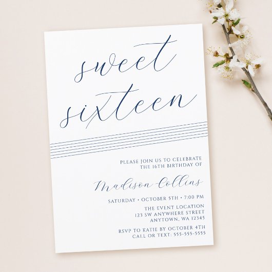 Minimalistisch Lines Navy Blue White Sweet 16 Einladung