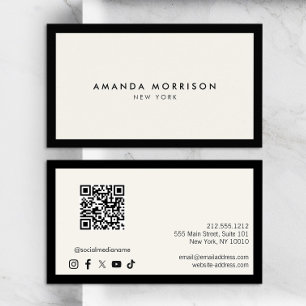 Minimalistisch Luxus Black/Ivory QR Code Social Me Visitenkarte
