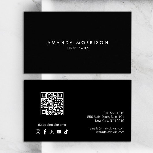 Minimalistisch Luxus Black QR Code Social Media Visitenkarte