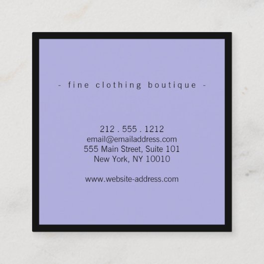Minimalistisch Luxus Boutique Black/Periwinkle Quadratische Visitenkarte (Rückseite)