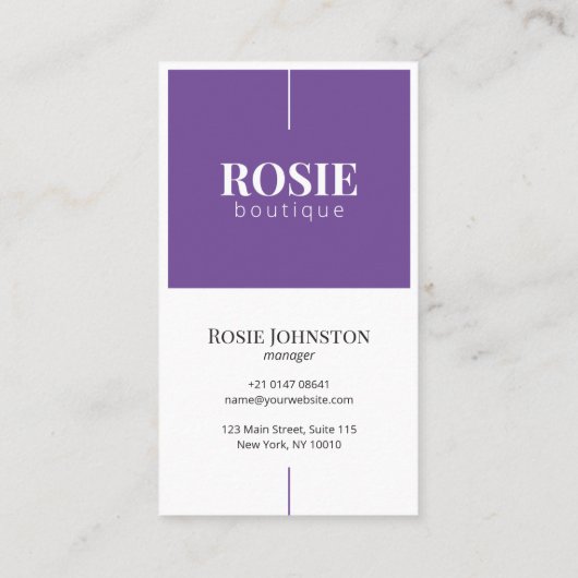 Minimalistisch Luxus-Boutique Lila/weiß Visitenkarte (Rückseite)