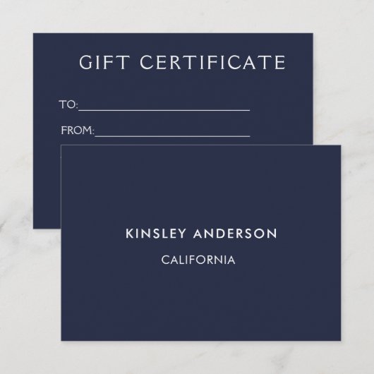 Minimalistisch Luxus Navy Blue Geschenkgutschein (Vorne/Hinten)