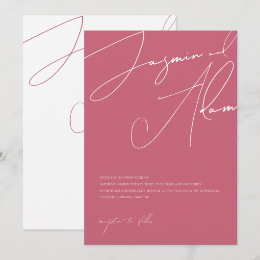 Minimalistisch Magenta Pink Script Typografy Weddi Einladung (Vorne/Hinten)