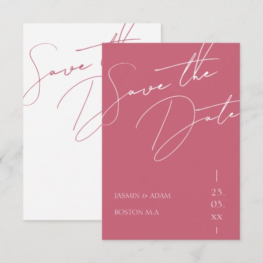 Minimalistisch Magenta Pink Script Typografy Weddi Save The Date (Vorne/Hinten)