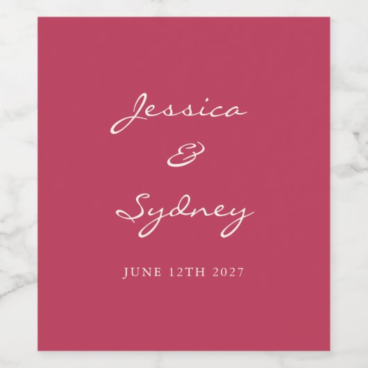 Minimalistisch Magenta Red Script Wedding Custom Weinetikett (Einzelnes Label)