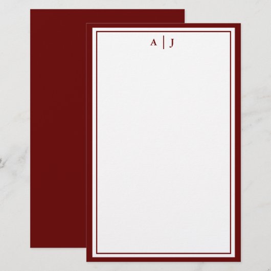 Minimalistisch Maroon Red Two Border Monogram Briefpapier (Vorne/Hinten)