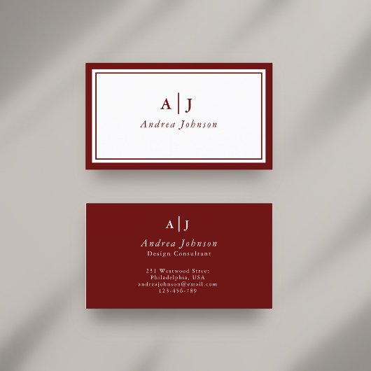 Minimalistisch Maroon Red Two Border Monogram Visitenkarte
