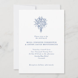 Minimalistisch Marseille Bleu Line Art Floral Wedd Einladung