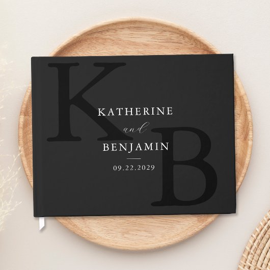 Minimalistisch Matte Black Monogram Modern Wedding Gästebuch