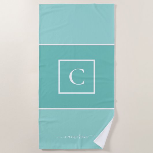 Minimalistisch Minze Blue Monogram Personalisiert Strandtuch (Vorderseite)