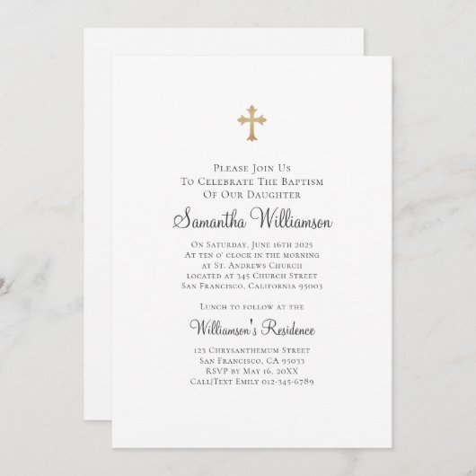 Minimalistisch mit Imitaten Gold Cross Taufe Einladung (Vorne/Hinten)