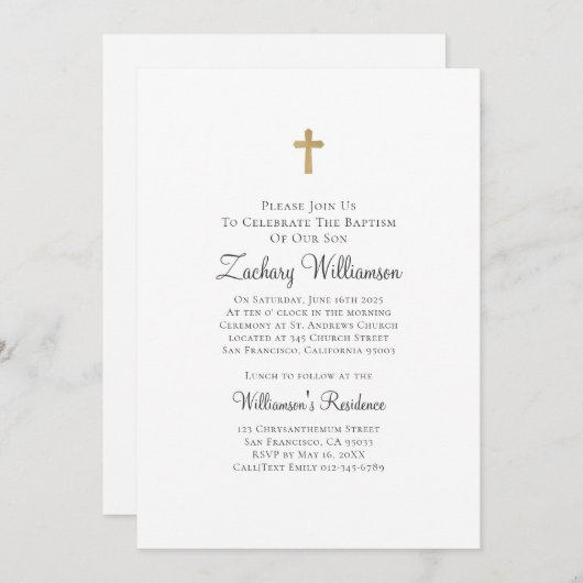 Minimalistisch mit Imitaten Gold Cross Taufen Einladung (Vorne/Hinten)