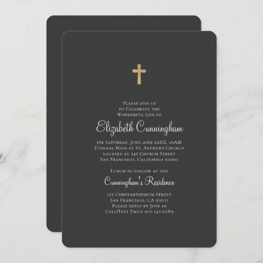 Minimalistisch mit Imitaten Goldkreuz-Gedenkfeier Einladung (Vorne/Hinten)