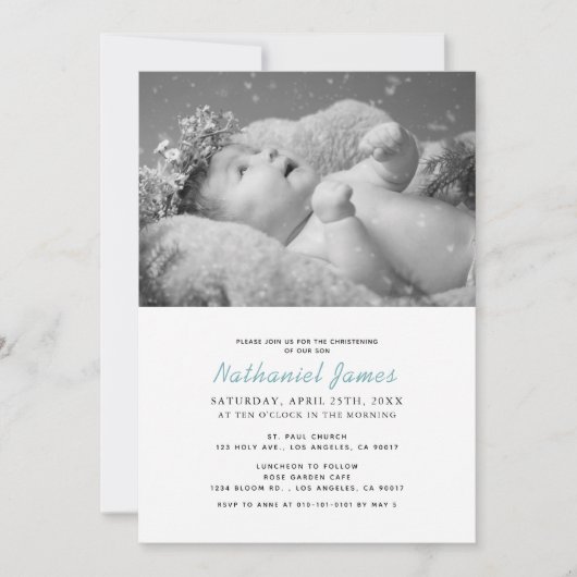 Minimalistisch Modern Blue Stripes Foto Christenin Einladung (Vorderseite)