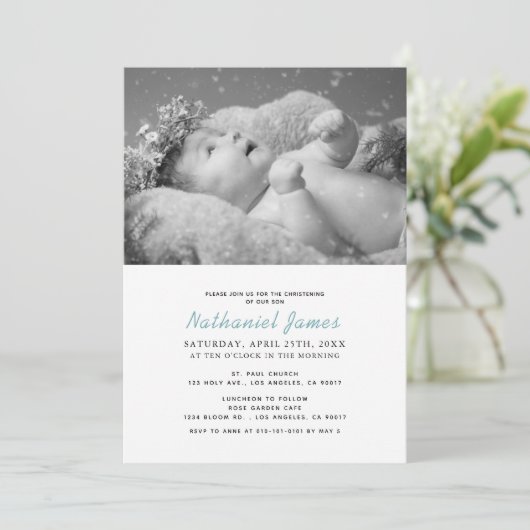 Minimalistisch Modern Blue Stripes Foto Christenin Einladung (Stehend Vorderseite)