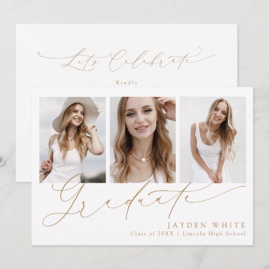 Minimalistisch Modern Chic Script 3 Foto Abschluss Einladung (Vorne/Hinten)