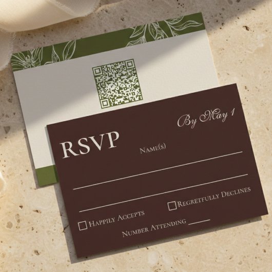 Minimalistisch Modern Mousse Brown QR Wedding RSVP Karte