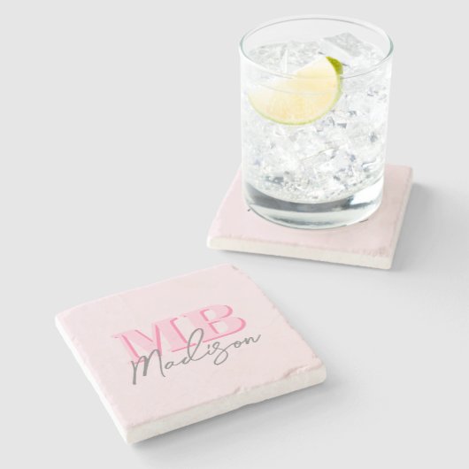 Minimalistisch Modern rosa Anfangsmonogramm Steinuntersetzer (Seitenansicht)