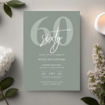 Minimalistisch Modern Sage 60. Geburtstagsparty Einladung<br><div class="desc">Diese minimalistische Typografie 60. Geburtstagsfeier lädt zu einer modernen Geburtstagsparty ein. Das einfache Design zeichnet sich durch klassischen weißen Text mit schlauem Hintergrund aus. Anpassbar in jeder Farbe. Behalt das Design minimal und elegant, wie es ist, oder personalisiere es durch Hinzufügen von eigenen Grafiken und Kunstwerken. Für eine erweiterte Anpassung...</div>