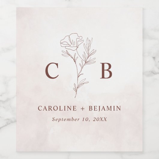 Minimalistisch Moderne Blumenkizze Hochzeit Weinetikett (Einzelnes Label)