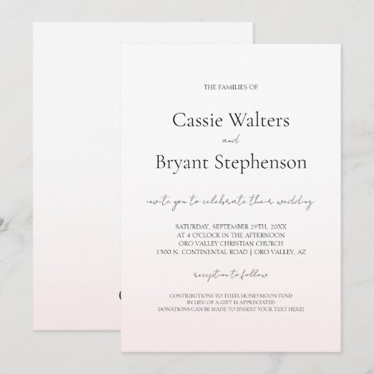 Minimalistisch Moderne Blush Pink Fade Chic Hochze Einladung (Vorne/Hinten)