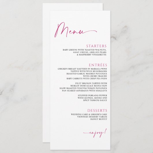 Minimalistisch Moderne Magenta Rosa Hochzeit Menükarte (Vorne/Hinten)