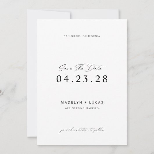 Minimalistisch Moderne Schwarz-weiße Save the Date Einladung (Vorderseite)