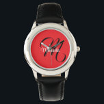 Minimalistisch moderner Monogramm Anfangsname rot Armbanduhr<br><div class="desc">Minimalistische moderne Monogramm Anfangsname Schwarz-weiß. Personalisierbarer individuelle Name mit einem kursiven Initial hinter einer roten Farbe.</div>