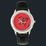 Minimalistisch moderner Monogramm Anfangsname rot Armbanduhr<br><div class="desc">Minimalistische moderne Monogramm Anfangsname Schwarz-weiß. Personalisierbarer individuelle Name mit einem kursiven Initial hinter einer roten Farbe.</div>