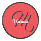 Minimalistisch moderner Monogramm Anfangsname rot Eishockey Puck (Vorderseite)