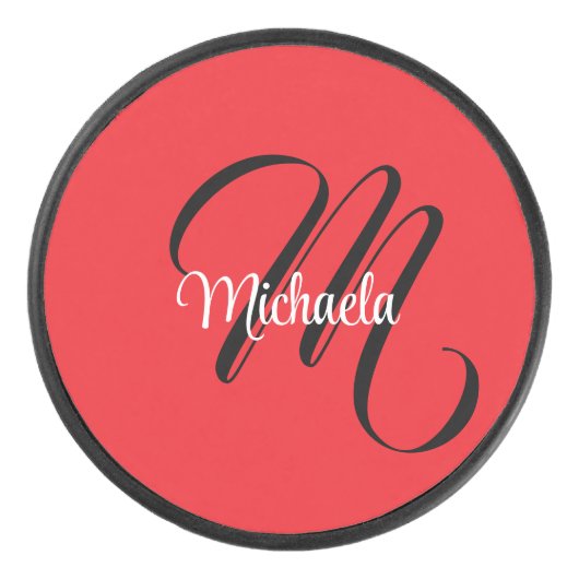 Minimalistisch moderner Monogramm Anfangsname rot Eishockey Puck (Vorderseite)