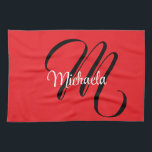 Minimalistisch moderner Monogramm Anfangsname rot Geschirrtuch<br><div class="desc">Minimalistische moderne Monogramm Anfangsname Schwarz-weiß. Personalisierbarer individuelle Name mit einem kursiven Initial hinter einer roten Farbe.</div>