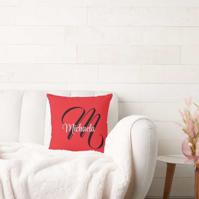 Minimalistisch moderner Monogramm Anfangsname rot Kissen (Liege)