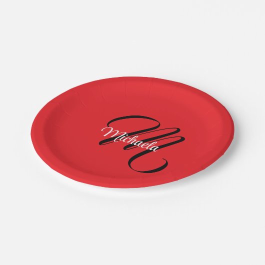 Minimalistisch moderner Monogramm Anfangsname rot Pappteller (Schrägansicht)