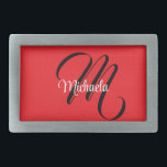 Minimalistisch moderner Monogramm Anfangsname rot Rechteckige Gürtelschnalle<br><div class="desc">Minimalistische moderne Monogramm Anfangsname Schwarz-weiß. Personalisierbarer individuelle Name mit einem kursiven Initial hinter einer roten Farbe.</div>