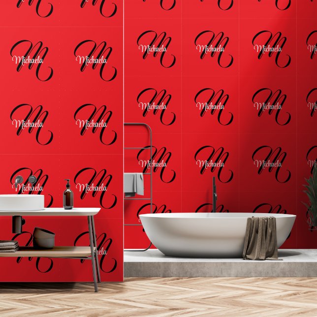 Minimalistisch moderner Monogramm Anfangsname rot Tapete (Badezimmer)