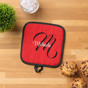 Minimalistisch moderner Monogramm Anfangsname rot Topflappen