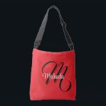 Minimalistisch moderner Monogramm Anfangsname rot Tragetaschen Mit Langen Trägern<br><div class="desc">Minimalistische moderne Monogramm Anfangsname Schwarz-weiß. Personalisierbarer individuelle Name mit einem kursiven Initial hinter einer roten Farbe.</div>