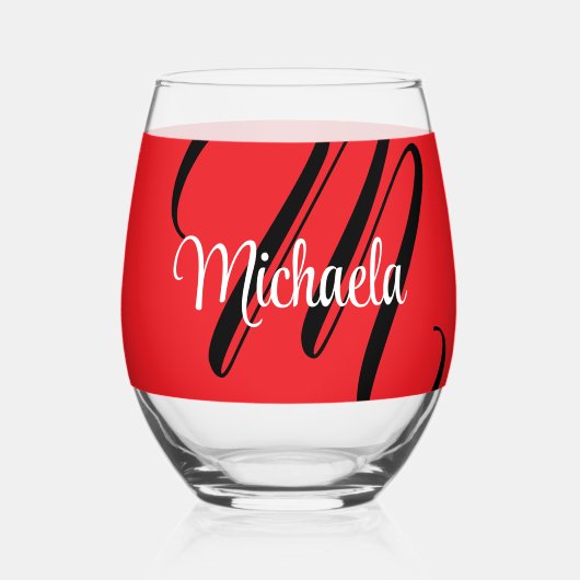 Minimalistisch moderner Monogramm Anfangsname rot Weinglas Ohne Stiel (Rückseite)