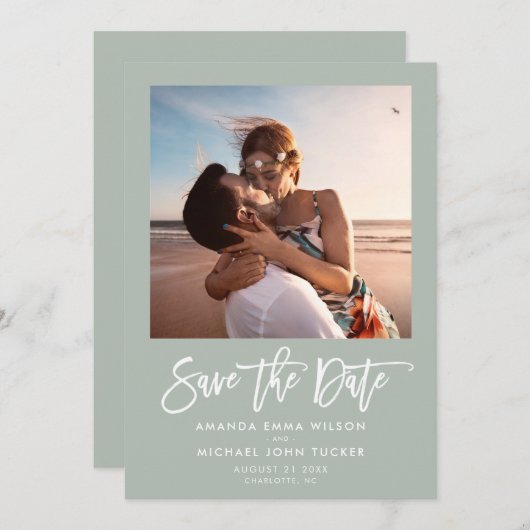 Minimalistisch Modernes Script Greenery Chic Foto Save The Date (Vorne/Hinten)