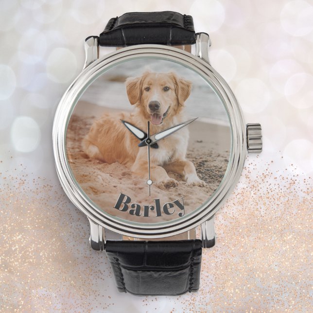 Minimalistisch Modernes, stilvolles Dog-Foto Armbanduhr (An elegant wristwatch to personalize with a photo of your pet dog and their name)