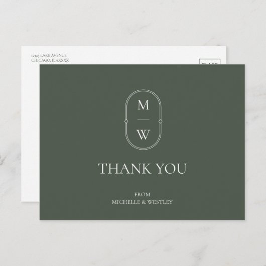 Minimalistisch Mongram Moss Green Wedding Danke Postkarte (Vorne/Hinten)