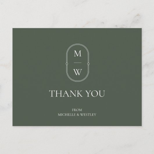 Minimalistisch Mongram Moss Green Wedding Danke Postkarte (Vorderseite)