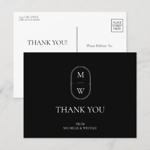 Minimalistisch Monogram Schwarz-weiß Wedding Danke Postkarte