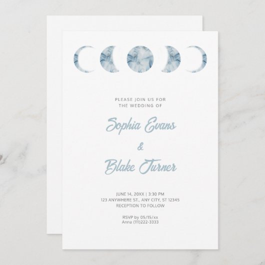 Minimalistisch Moon Phases Celestial Blue Wedding Einladung (Vorne/Hinten)