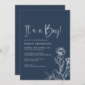 Minimalistisch Navy Blue Botanical Boy Baby Dusche Einladung (Vorne/Hinten)