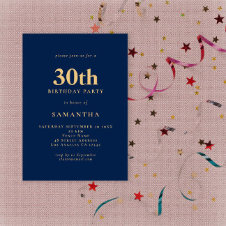 Minimalistisch Navy Blue Gold 30. Geburtstag Einladung