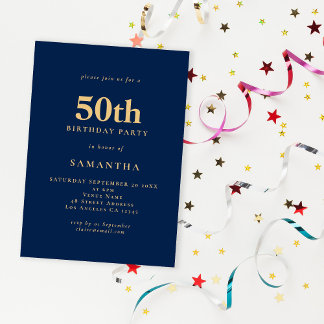 Minimalistisch Navy Blue Gold 50. Geburtstag Einladung