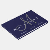 Minimalistisch Navy Blue Modern Gray Monogram Wedd Gästebuch (Ecke)